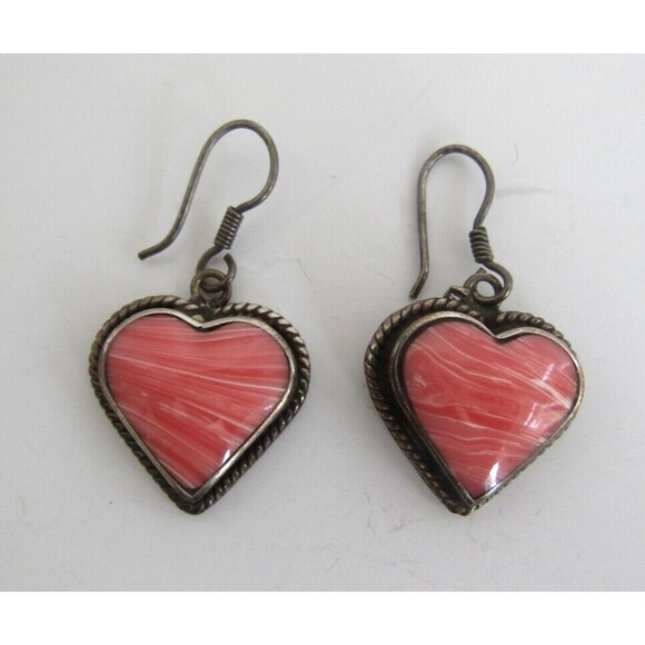 Coral Dangle Earrings Sterling Silver Vintage 925 Stamped Mexico Heart Shaped - Picture 2 of 7